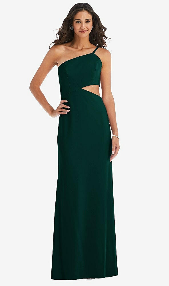 Front View - Evergreen One-Shoulder Midriff Cutout Maxi Dress