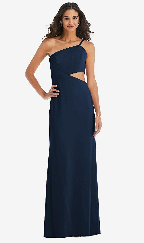 Front View - Midnight Navy One-Shoulder Midriff Cutout Maxi Dress