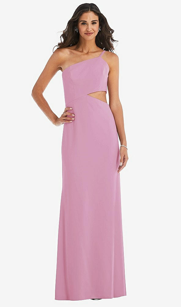 Front View - Powder Pink One-Shoulder Midriff Cutout Maxi Dress