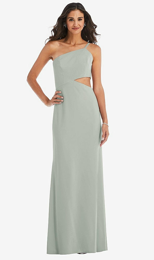Front View - Willow Green One-Shoulder Midriff Cutout Maxi Dress