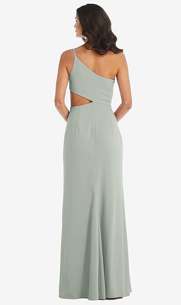 Back View - Willow Green One-Shoulder Midriff Cutout Maxi Dress