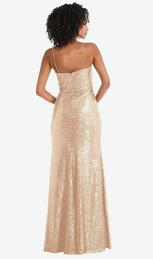 Back View - Rose Gold Spaghetti Strap Sequin Trumpet Gown with Side Slit