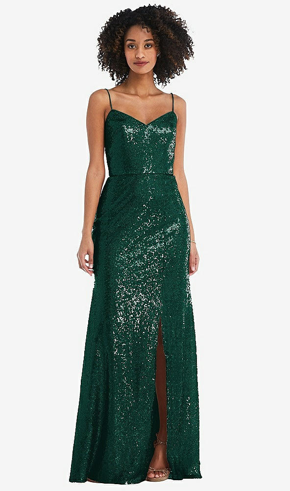 Front View - Hunter Green Spaghetti Strap Sequin Trumpet Gown with Side Slit