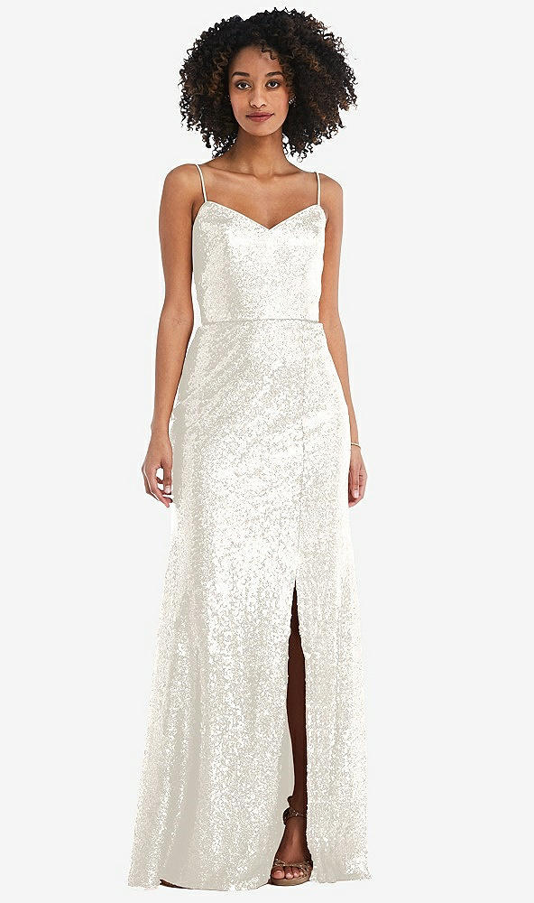Front View - Ivory Spaghetti Strap Sequin Trumpet Gown with Side Slit
