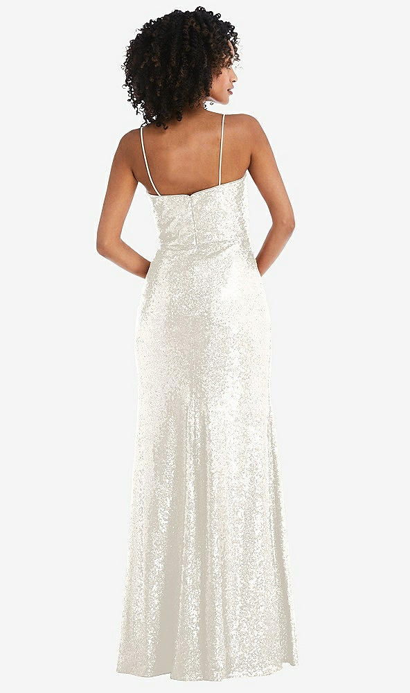 Back View - Ivory Spaghetti Strap Sequin Trumpet Gown with Side Slit