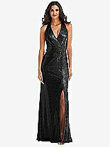 Front View Thumbnail - Black Halter Wrap Sequin Trumpet Gown with Front Slit