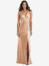 Front View Thumbnail - Copper Rose Halter Wrap Sequin Trumpet Gown with Front Slit