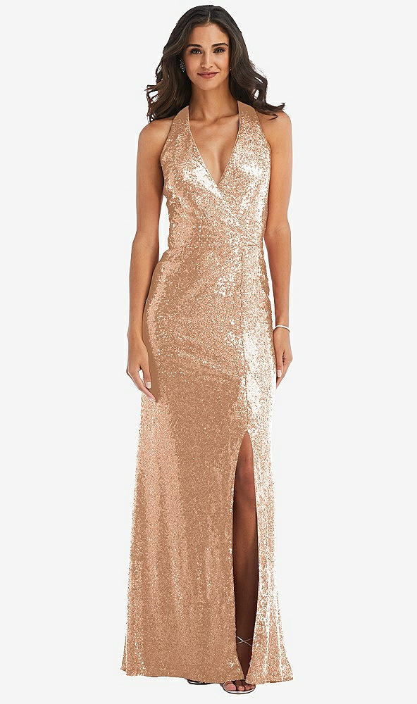 Front View - Copper Rose Halter Wrap Sequin Trumpet Gown with Front Slit