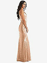 Side View Thumbnail - Copper Rose Halter Wrap Sequin Trumpet Gown with Front Slit