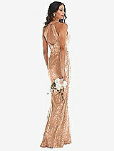 Rear View Thumbnail - Copper Rose Halter Wrap Sequin Trumpet Gown with Front Slit