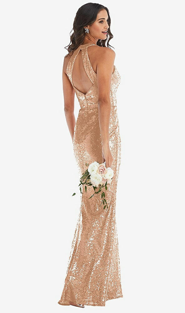 Back View - Copper Rose Halter Wrap Sequin Trumpet Gown with Front Slit