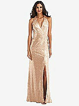 Front View Thumbnail - Rose Gold Halter Wrap Sequin Trumpet Gown with Front Slit