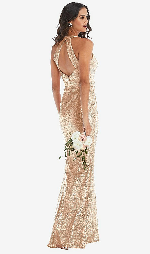 Back View - Rose Gold Halter Wrap Sequin Trumpet Gown with Front Slit