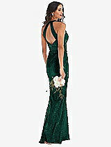 Rear View Thumbnail - Hunter Green Halter Wrap Sequin Trumpet Gown with Front Slit