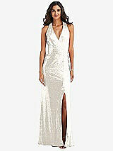 Front View Thumbnail - Ivory Halter Wrap Sequin Trumpet Gown with Front Slit