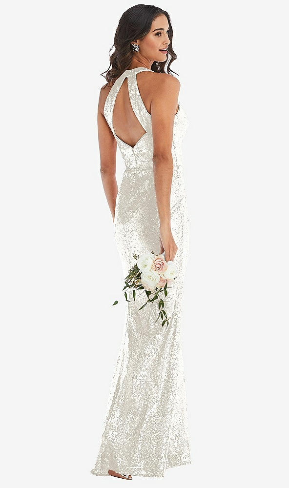 Back View - Ivory Halter Wrap Sequin Trumpet Gown with Front Slit