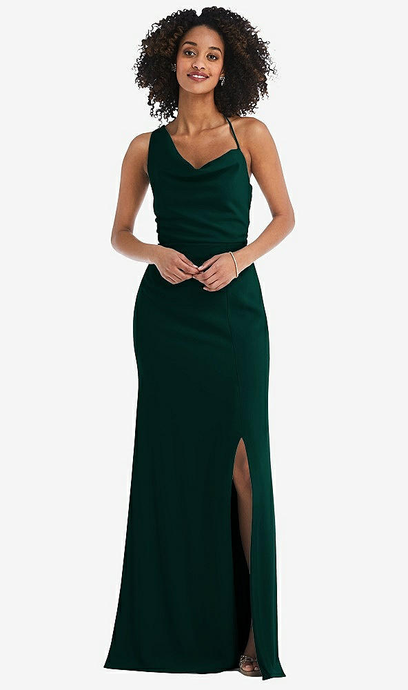 Front View - Evergreen One-Shoulder Draped Cowl-Neck Maxi Dress