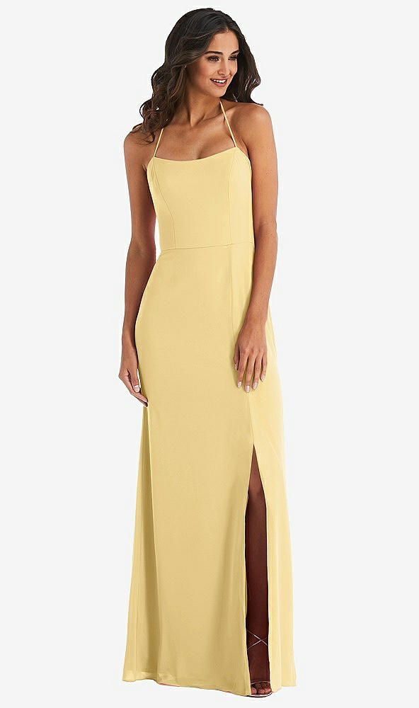 Front View - Buttercup Spaghetti Strap Tie Halter Backless Trumpet Gown