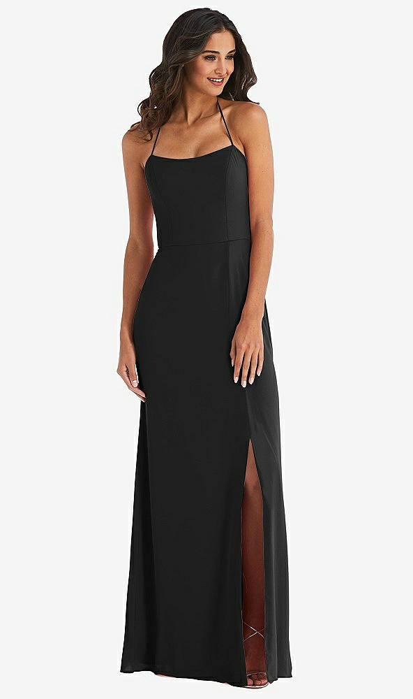 Front View - Black Spaghetti Strap Tie Halter Backless Trumpet Gown