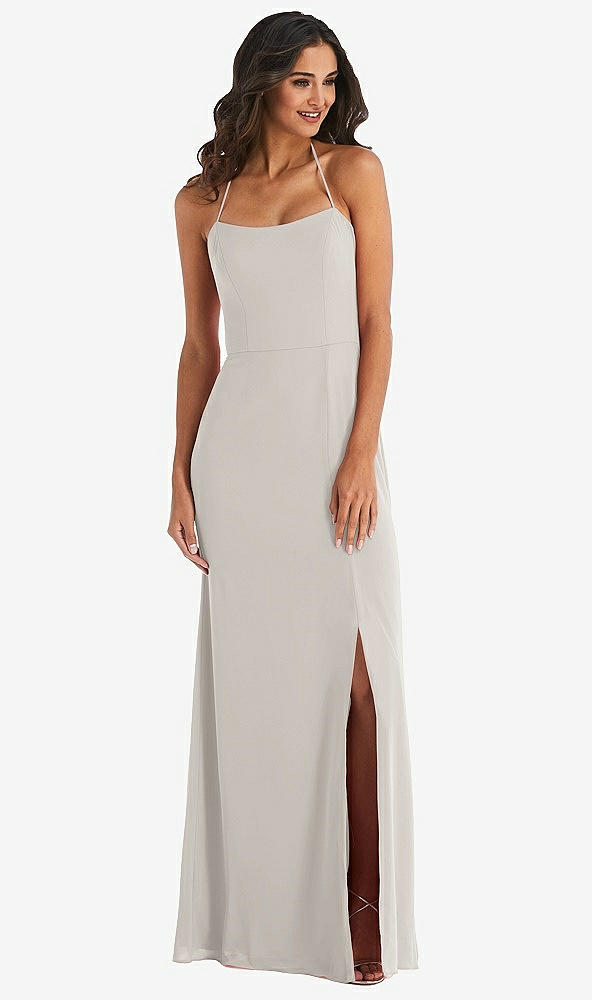 Front View - Oyster Spaghetti Strap Tie Halter Backless Trumpet Gown