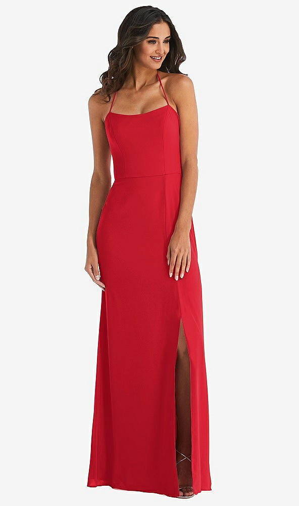 Front View - Parisian Red Spaghetti Strap Tie Halter Backless Trumpet Gown