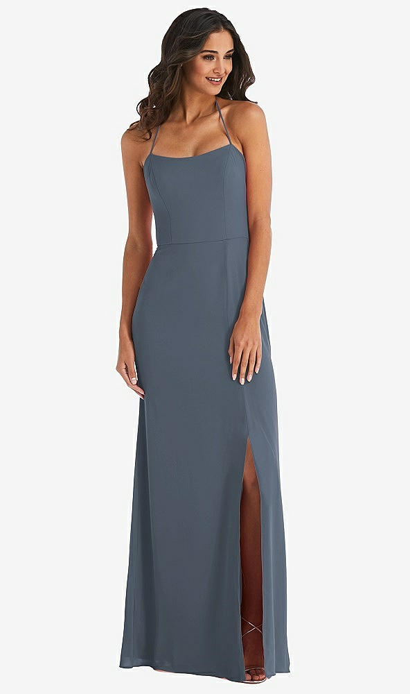 Front View - Silverstone Spaghetti Strap Tie Halter Backless Trumpet Gown