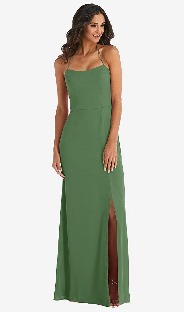 Front View - Vineyard Green Spaghetti Strap Tie Halter Backless Trumpet Gown