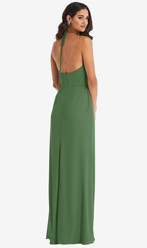 Back View - Vineyard Green Spaghetti Strap Tie Halter Backless Trumpet Gown