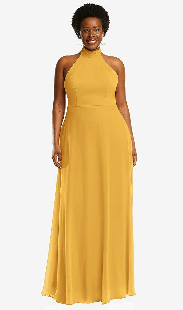 Front View - NYC Yellow High Neck Halter Backless Maxi Dress
