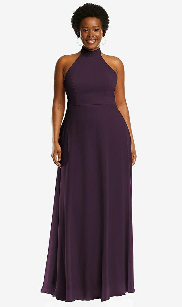 Front View - Aubergine High Neck Halter Backless Maxi Dress