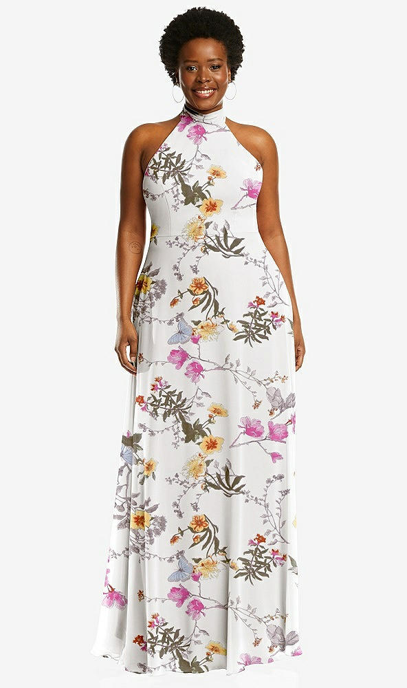 Front View - Butterfly Botanica Ivory High Neck Halter Backless Maxi Dress