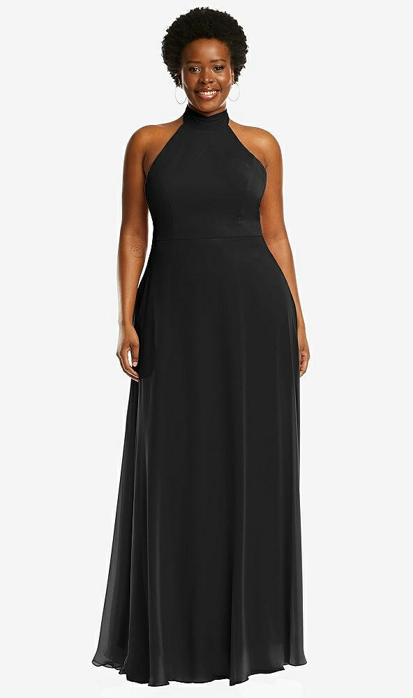 Front View - Black High Neck Halter Backless Maxi Dress