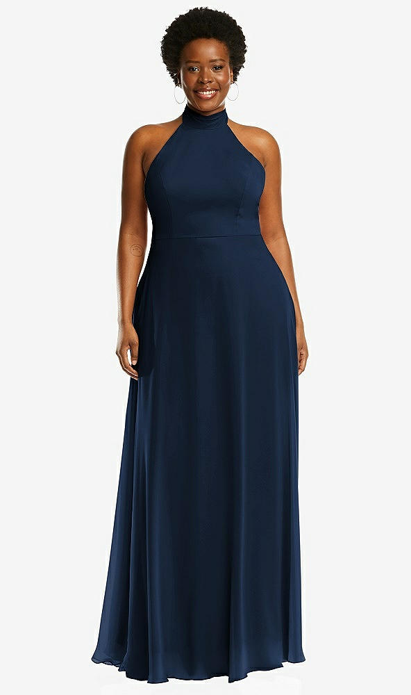 Front View - Midnight Navy High Neck Halter Backless Maxi Dress