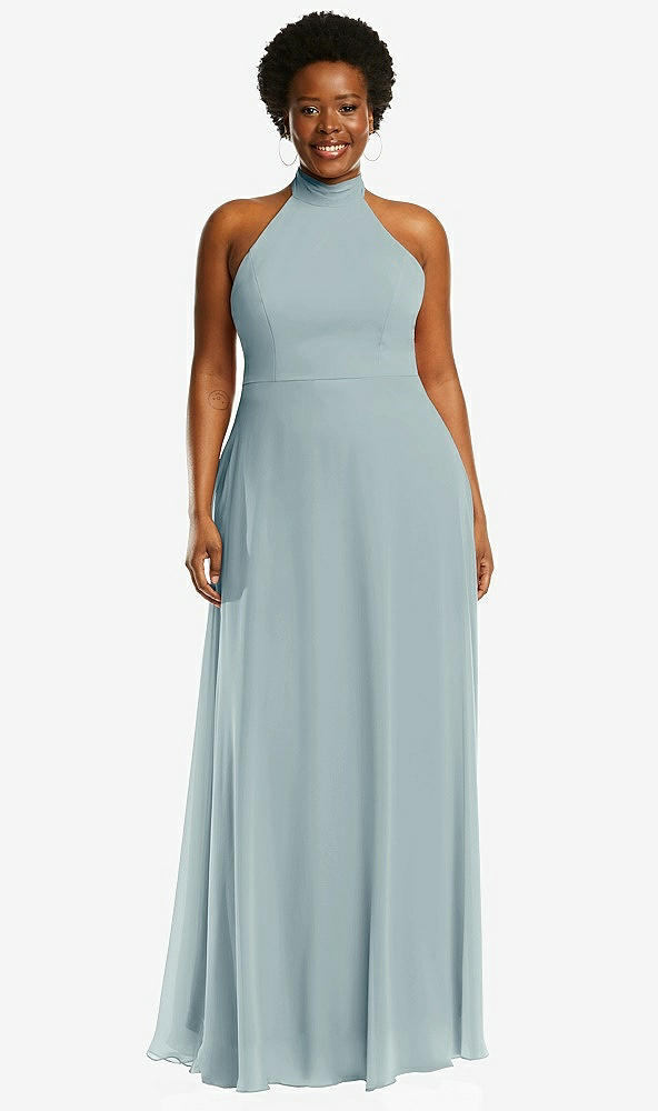 Front View - Morning Sky High Neck Halter Backless Maxi Dress