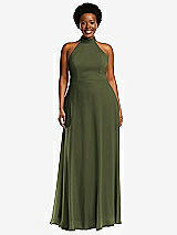 Front View Thumbnail - Olive Green High Neck Halter Backless Maxi Dress