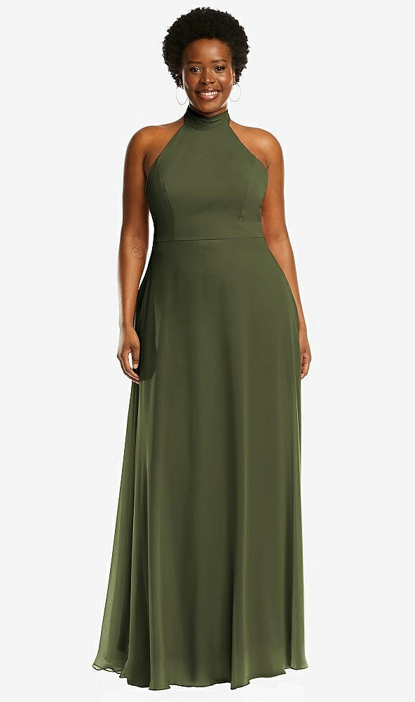 Front View - Olive Green High Neck Halter Backless Maxi Dress