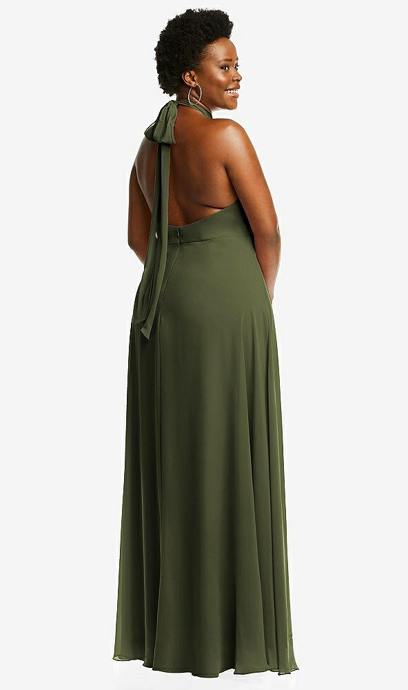 Back View - Olive Green High Neck Halter Backless Maxi Dress