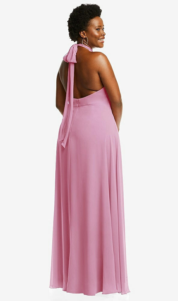 Back View - Powder Pink High Neck Halter Backless Maxi Dress