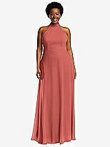 Front View Thumbnail - Coral Pink High Neck Halter Backless Maxi Dress