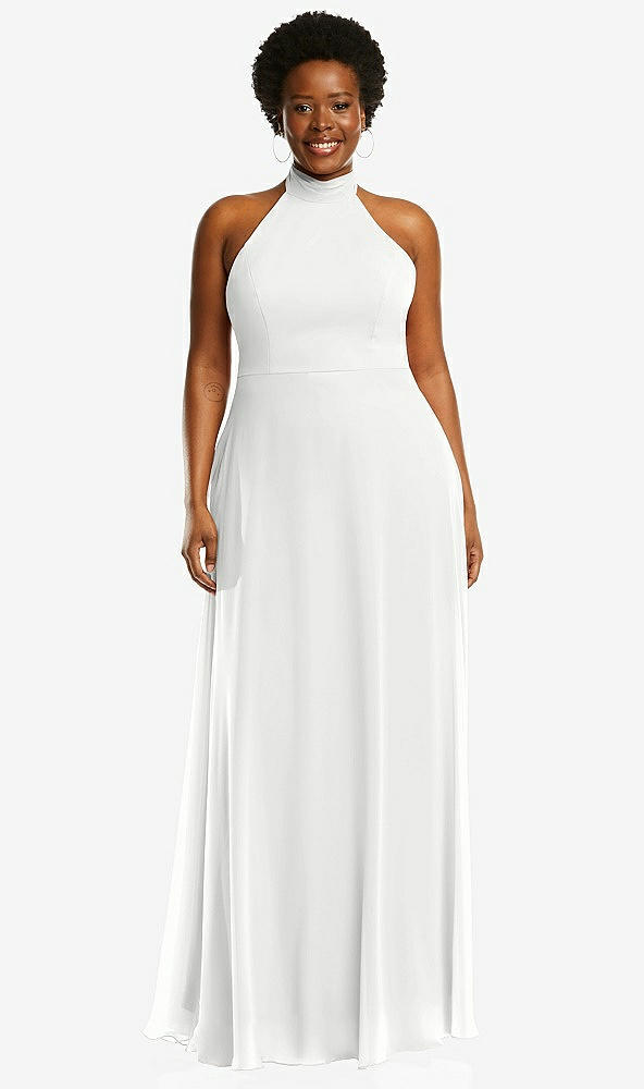 Front View - White High Neck Halter Backless Maxi Dress