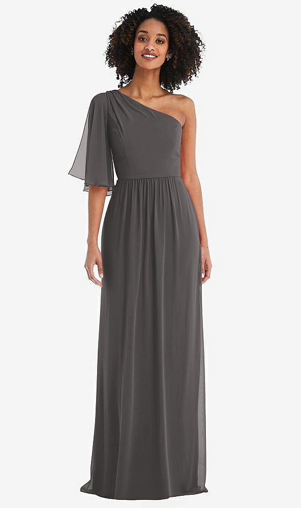 Front View - Caviar Gray One-Shoulder Bell Sleeve Chiffon Maxi Dress