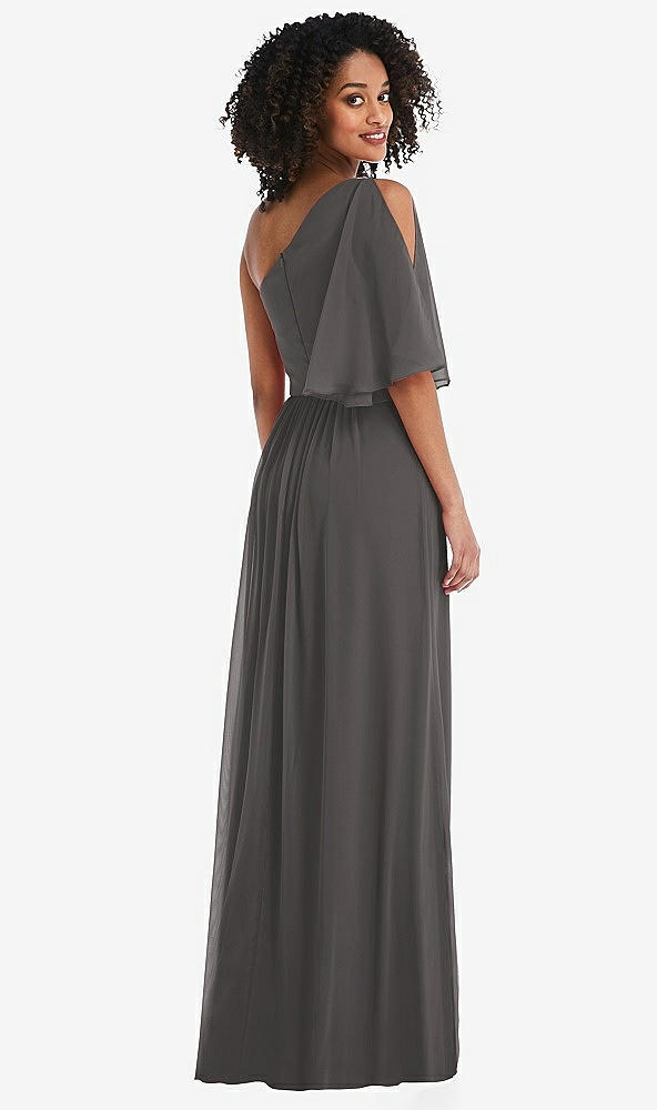 Back View - Caviar Gray One-Shoulder Bell Sleeve Chiffon Maxi Dress