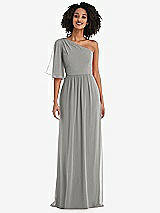 Front View Thumbnail - Chelsea Gray One-Shoulder Bell Sleeve Chiffon Maxi Dress