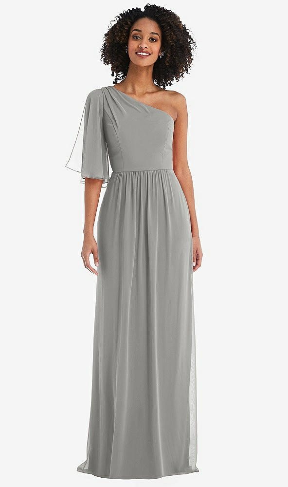 Front View - Chelsea Gray One-Shoulder Bell Sleeve Chiffon Maxi Dress