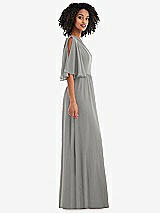Side View Thumbnail - Chelsea Gray One-Shoulder Bell Sleeve Chiffon Maxi Dress