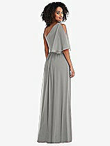 Rear View Thumbnail - Chelsea Gray One-Shoulder Bell Sleeve Chiffon Maxi Dress