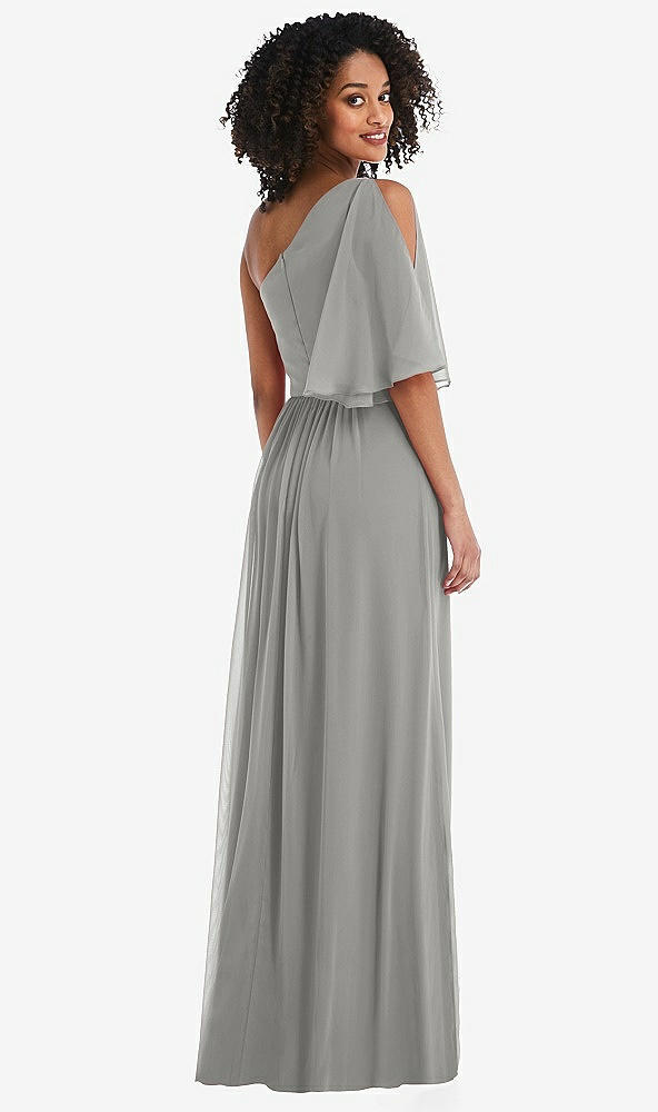 Back View - Chelsea Gray One-Shoulder Bell Sleeve Chiffon Maxi Dress