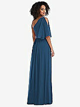 Rear View Thumbnail - Dusk Blue One-Shoulder Bell Sleeve Chiffon Maxi Dress