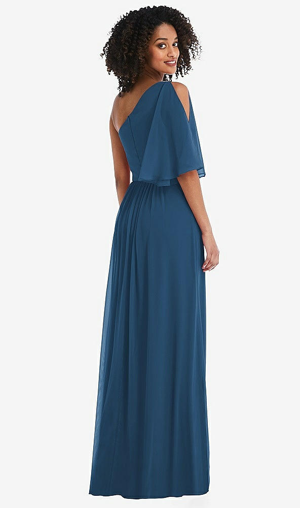 Back View - Dusk Blue One-Shoulder Bell Sleeve Chiffon Maxi Dress