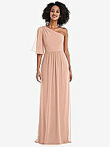 Front View Thumbnail - Pale Peach One-Shoulder Bell Sleeve Chiffon Maxi Dress